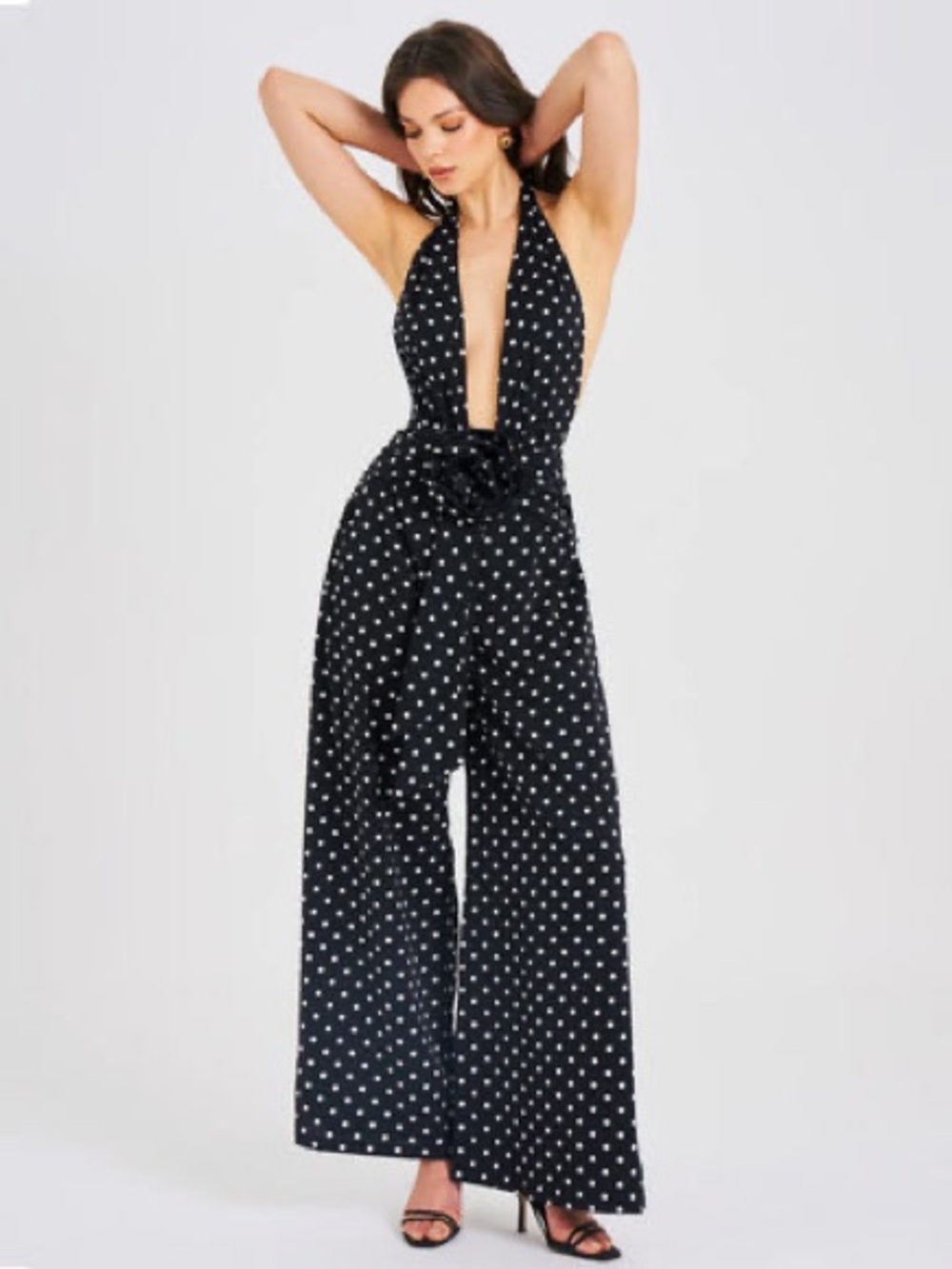 Polka Dot Open Back Halter Neck Jumpsuit